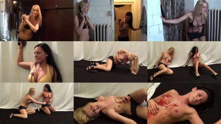 Spy girls bloody gun duel - Bare breasted spy girls bloody shooting action!