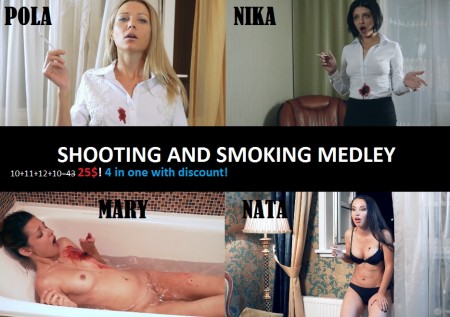 SMOKING KILLS MEDLEY - Starring: Pola, Nika, Mary, Nata

Fetish elements:
Shooting Stabbings Last smoke before death Smoking cigarettes
Searching for the flash card, touching and stripping dead body
Shooting to the chest, dying in the bath, full nude, smoking girls, dying girl with cigarette, agony, death stare, long death from shooting, silencer gun
The room where crime woman is hidden. She is sitting at her PC and she is searching at the google map location where her organization is going to hit. She is going to the window and she is smoking a cigarette.
We show the killer who takes her photo and sees her location in his devise. He shoots her to the chest when she is smoking cigarette. When she is falling, the smoke comes out of her mouth. The cigarette is still is her hand. She is still alive.
Killer sits down near her and asks some questions about the organization. She answers, coughing. The killer takes a cigarette and gives her to the mouth to let her do some tightening with smoke. She dies with opened eyes and mouth and clods of smoke are still near her face. Killer puts the cigarette to her mouth and goes away.

LAST SMOKE 2

Lady boss is too rude with her employee. He decides to kill bossy bitch. She is smoking a sigarette during her death. The smoke is going out her wounded belly.
LAST SMOKE 3
Plot
Lusty sexy spy had a hard day in her dirty work. Now she can relax in the bath with a cigarette. But killer surprises her in her bath  - where she�s so helpless, so nude and wet. It�s her private territory  - she can�t do anything to save her life. He is quickly as an animal. Silencer noise  and� hard pain in her chest! Shot� but not dead yet. She is in deadly agony. Killer hates when girls smoke. He decides to have fun with her bad habit and suggests her have her last cigarette while she�s dying!
LAST SMOKE 4

Starring: Nata
Woman  was smoking a cigarette near the window and gets a bullet from the sniper.