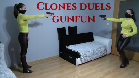 Clones duels gun fun - They want to find the perfect clone, Well they decided to do clones duels till only one left alive.

At the the nest two clones met but no one survive and because of that they have to kill the original too.

elements: digital blood only, gun fun duels, pistol duels, shooting, chest shots, one belly shot, one head shot