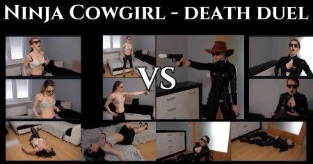 Ninja Cowgirl  death duel - Ninja Cowgirl is unbeatable champion in pistol duels so far and she has next two challengers to kill but everything comes to the end.


elements: gun fight, death duel, 1 belly shot, 2 cleavage shots, 2 breasts shots, speaking in English, swearing, bulletproof catsuit, cheating, high heels, boots, bare belly