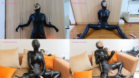 Xiaomeng Breathless Orgasm Training Part 3 - This is the third and the last (maybe?) part of Xiaomengs Breathless Orgasm Training.
Xiaomeng in her latex catsuit was standing and having her hands fixed to a wardrobe and feet to the floor with suction cups. She was blindfolded and a breathplay hood with no breathing hole was put on her head for three times. This was just a warming-up for her, and with little and little air Xiaomeng started to scream and struggle. In the last time she even broke free the suction cup attached to her left foot from the floor.
Now she needs more stimulation. I let her sit on the floor with her legs open and fixed to the floor with the suction cups. Her hands were cuffed behind her back, and only her upper body can make some moves. A pink vibrator was used when the breathplay hood was put on her. She consumed the air faster under stimulation, but the pleasure helped her to endure the pain of oxygen deficit. However, this would not work for a long time, especially when I brought her to the edge but then only teased her and denied her orgasm. When I finally moved the vibrator away, she lost her source of pleasure and cannot suppress the pain anymore. She leant back and forth, shouting and trying to suck every single drop of residual oxygen inside the hood. I saved her.
In the next scene the vibrator was fixed to her lower body. Her hands were linked to her legs and disabled by latex hand bags. A hood with a mouth condom was put on her. She can only breathe through two small holes at her nostrils, and I pinched the holes from time to time. Basically, this is a short bonus session to her, and she can finally enjoy a full orgasm under restricted breaths. After that the breathplay hood with no holes was put on her again, and a ball gag was applied to her at a later stage as well. She reached her last and strongest orgasm at the end. She was overwhelmed by the pleasure so much that she just gave up fighting for air and let her mind go. I quickly removed the hood before she collapsed. Another near blackout play.
