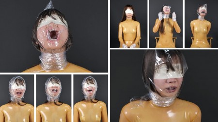 Xiaomeng in Transparent Latex and Bagged - Xiaomeng has a new latex catsuit, a semi-transparent one! She looks so sexy in it.
The script of this video is quite simple. Xiaomeng�s hands were wrapped by cling film, so she cannot use her fingers at all. At the beginning her head was wrapped by cling film too, but with her face open. Then a piece of cling film was used to cover her face and take fresh air away from her. After playing with cling film wrapping, I put a plastic bag on her head and sealed it using cling film around her neck. She was bagged, breathless, with and without a ball gag.
Both cling film and bags were played for multiple times.
Highlight: Xiaomeng�s rare purple lips appeared again in this video!