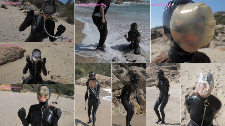 Xiaomeng Latex Breathplay at the Beach - We already forecasted in the last time that after the indoor play we will post an outdoor latex breathplay video. Here it is.
Xiaomeng was wearing her latex catsuit at the beach. It was windy and not warm, but her breathplay activities made her really hot and sweat quite a lot under her latex skin. We had a lot of fun there.
�	She was wearing a vintage oval diving mask and a ball gag. She can only breathe through the ball gag and started drooling very quickly.
�	The ball gag was replaced by tape, and she can�t breathe anymore.
�	Combination of the ball gag and a breathplay hood. The heat, sweat and saliva made the hood very sticky, and Xiaomeng went crazy under the sun after wearing it over 8 minutes, even though the hood has a small breathing hole.
�	We were so upset that some tools were swept to the sea by a big wave� but after a few minutes they all came back!
�	A gas mask and a rebreather bag with a pump. She was asked several times to walk away until she exhausted all her air, and then to come back. Is that a mission impossible?
�	The same walking-away-and-coming-back game, but with a latex breathplay hood and the ball gag instead. This time there is no breathing hole on the hood!
�	At the end we continue with the breathplay hood with no hole for several time, until Xiaomeng was totally exhausted.
Breathplay in nature looks beautiful, isn�t it? We hope you enjoy the sun and the beach too!