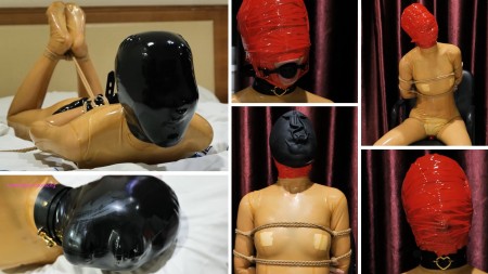 Xiaomeng Hooded Taped and Capped Orgasms - Xiaomeng was wearing her transparent latex catsuit with a vibrator inserted inside her lower body. The vibrating mode and strength can be adjusted remotely.
The first scene started with her wearing a tight latex hood and hogtied. The latex hood has only one small breathing hole of about 1.5 mm when not stretched. The vibrator was switched on making her breathing even more difficult. At the end a swim cap was added on top of her face to block her air completely.
In the second scene, Xiaomeng was bound and sitting on a chair. The latex hood was removed and her full head, including a ball gag in her mouth, was wrapped by red bondage tape. When the last gap above the ball gag was closed by the tape, the fun started. To make more fun, the swim cap was used over her face again and again.
Breathplay and orgasms, also a good combination, right?